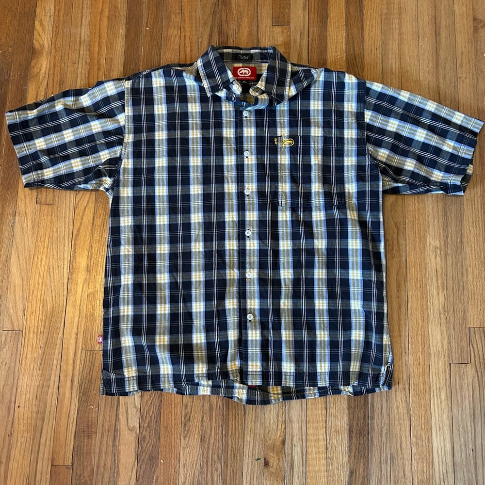 Ecko Unltd Shirt Adult M Black Yellow Plaid Short Sleeve Buton Up Logo Mens
